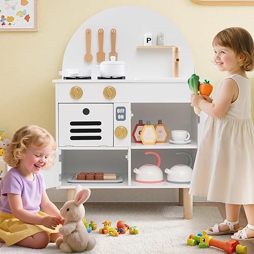 Miniatura 8 de Costzon Juego de cocina para niños, cocina con estufas, grifo, fregadero, microondas, gabinete, horno y accesorios de cocina, cocina de madera para