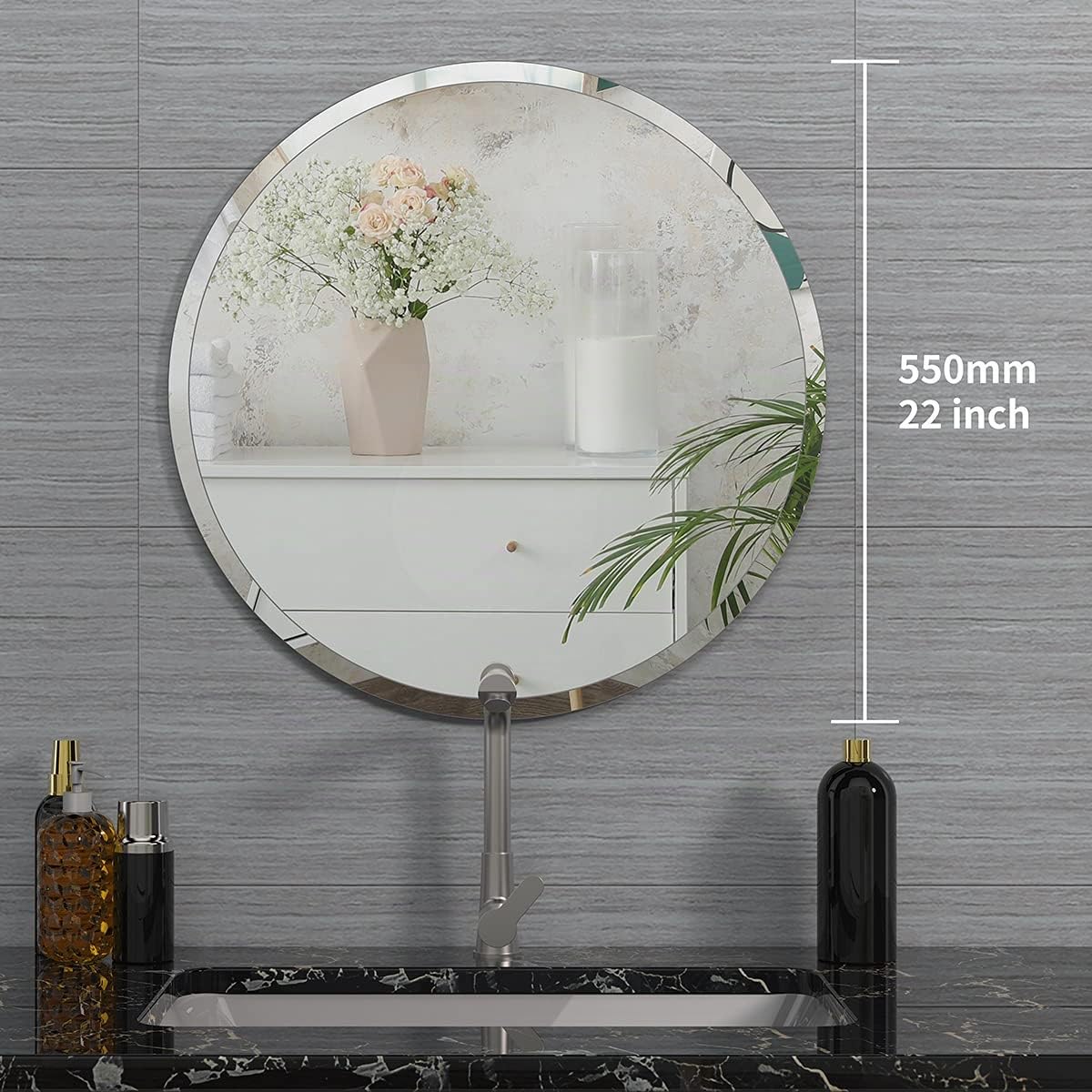 ANYHI Espejo de baño moderno sin marco, espejo de pared redondo de 55 cm para decoración del hogar, diseño de borde biselado