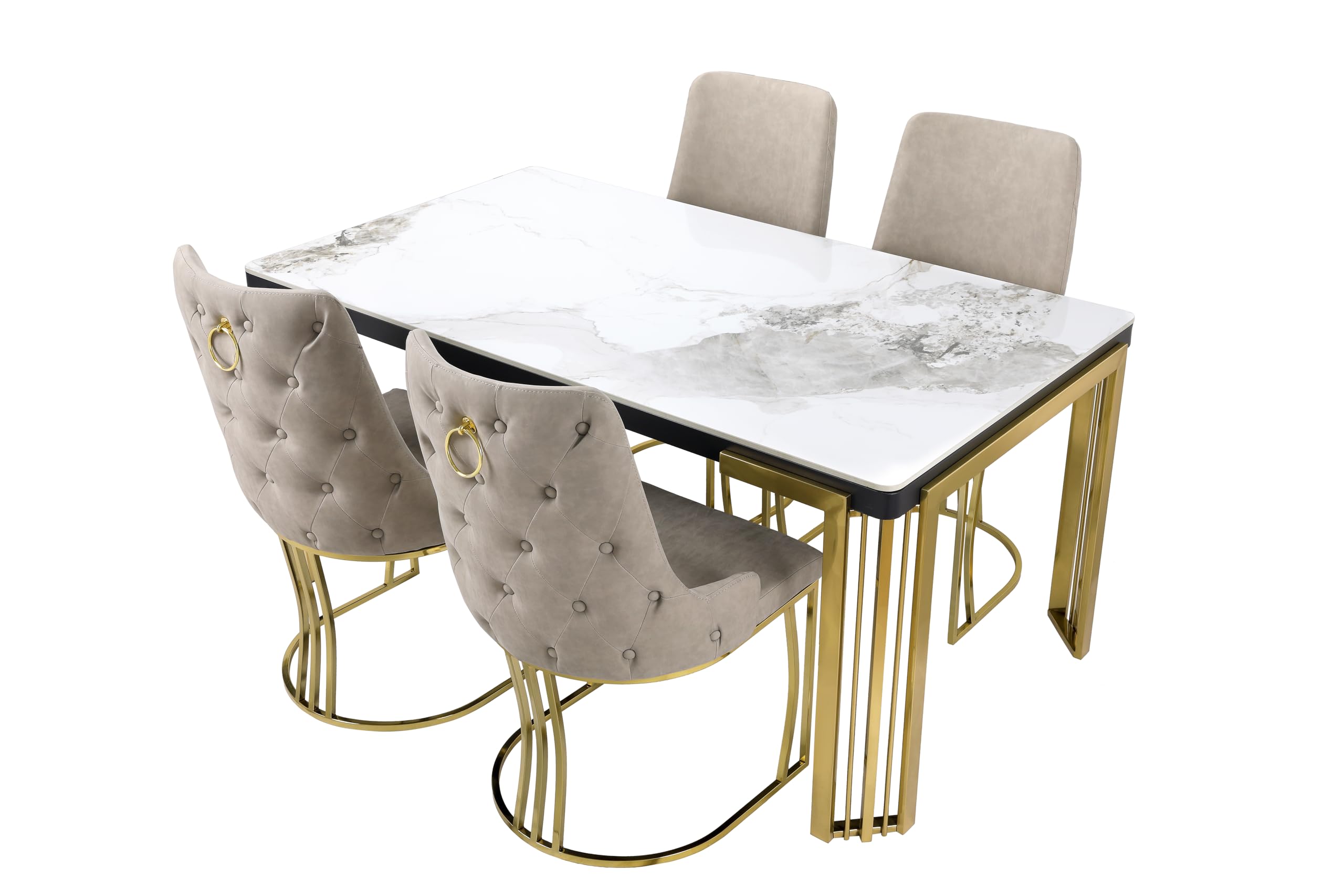 7 Star FURNITURE Daisy Sintered Ceramic Stone Black, Grey or White Dining Table (No Chairs Included) with Optional Gold Or Silver Frame (White-Gold Frame)