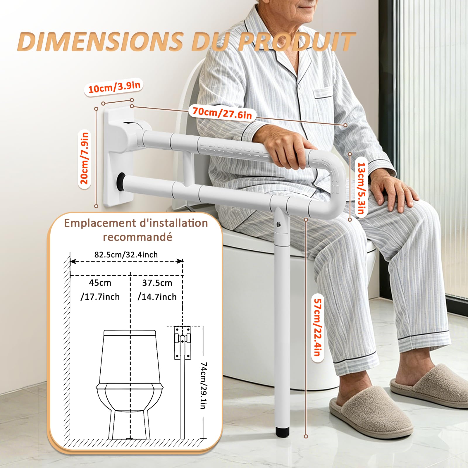 YUCHENGTECH Barre D'appui WC Rabattable Blanc 70cm Supporte 150kg | Barre de WC Pour Handicapés Barre de Maintien Toilette Inox pour Handicapées, Personnes âgées et Enceintes