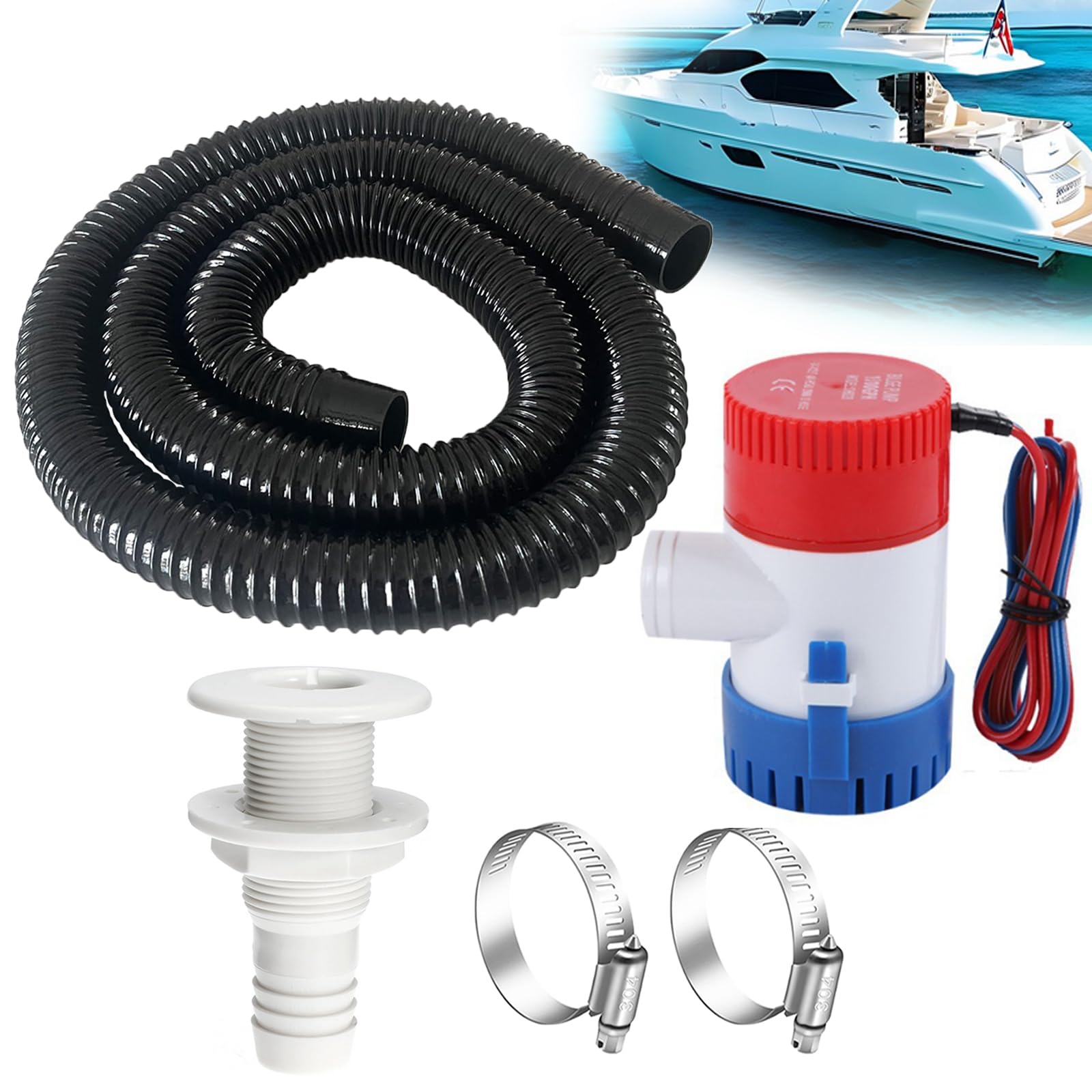 maierke 1-1/8 Boat Bilge Pump Hose Kit,1100gph Electric 12v Bilge Pump,1-1/8 Dia 6 FT Kink-free PVC Hose,1-1/8 Inch ABS Thru-Hull Fitting,2PCS Stainless Steel Hose Clamps for Boat Marine