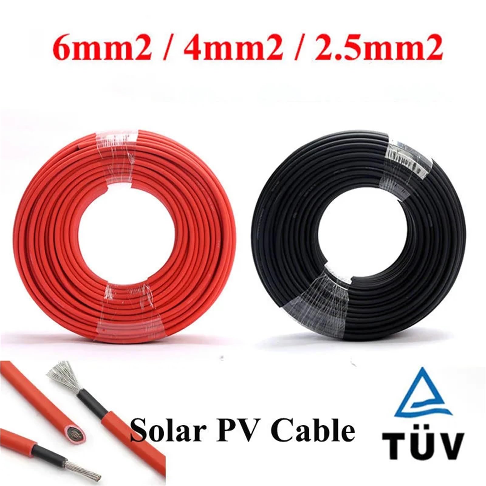 1 par de cables de extensión de panel solar de cobre 6 4 2,5 mm² 10 12 14 AWG negro y rojo con conectores de cables solares fotovoltaicos (8 m rojo y 8 m negro, 10 AWG-6 mm2)