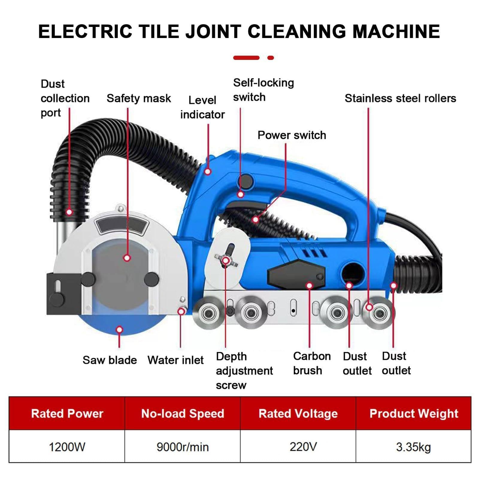 MáQuina EléCtrica De Limpieza De Juntas 9000 Rpm, Herramienta De ConstruccióN De Juntas 1200 W,Limpiador De Juntas De Baldosas CeráMicas PortáTil Con AspiracióN Para La Limpieza De Azulejos(A)