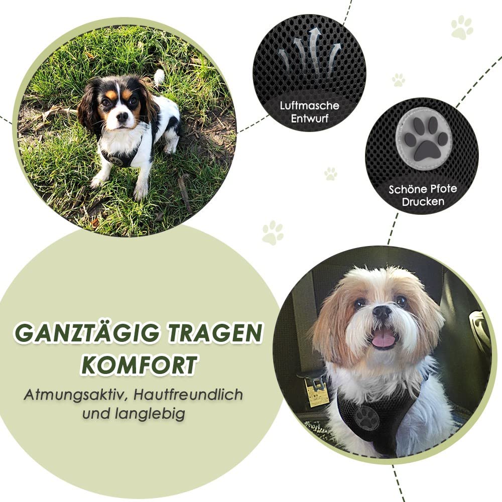 SlowTon Hundegeschirr mit Sicherheitsgurt für Auto, atmungsaktives Geschirr Hund, Sicherheitsgurt mit 2 Karabinerhaken zur Befestigung am Sicherheitsgurt-Schnalle oder Kofferraum(Schwarz, XS)