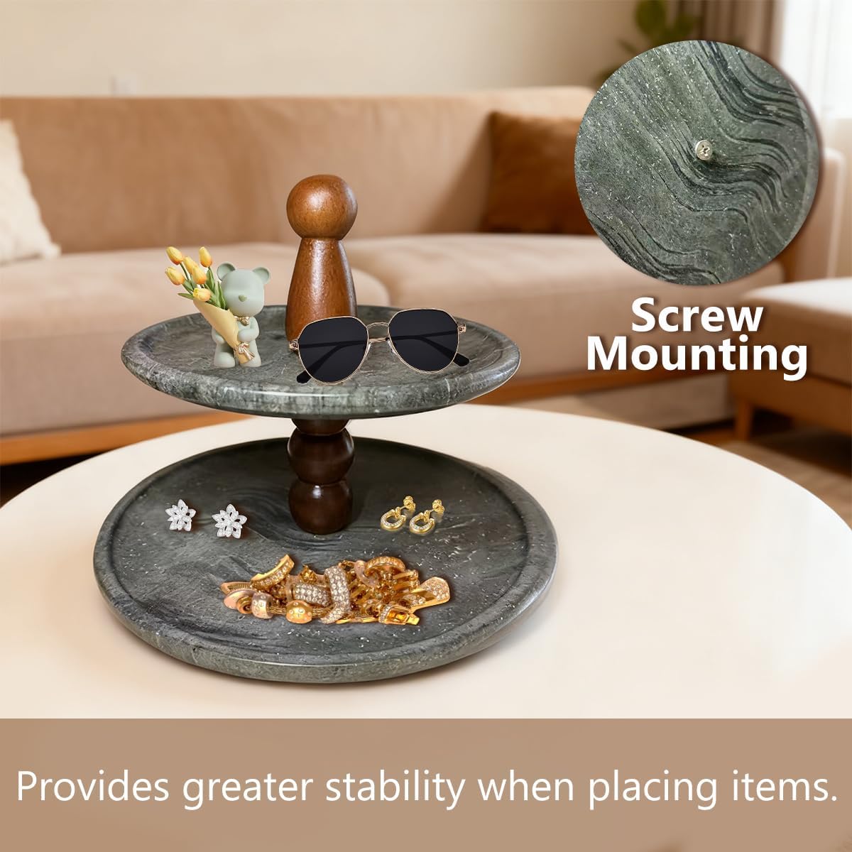 Natural Marble Tray 2-Tier Jewelry Trays, Vanity Organizer/Cake Stand Holder for Bedroom Countertop Home Decor Green image 4
