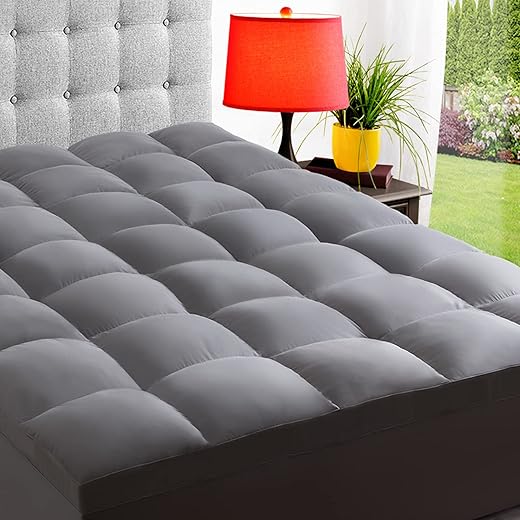 ELEMUSE Queen Grey Cooling Mattress Topper for Back Pain, Extra Thick Mattress pad Cover, Plush Soft Pillowtop with Elastic Deep Pocket, Overfilled Down Alternative Filling