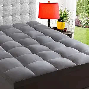 ELEMUSE Cal King Grey Mattress Topper for Back Pain, Extra Thick Mattress Pad Cover, Plush Soft Pillowtop with Elastic Deep Pocket, Overfilled Down Alternative Filling