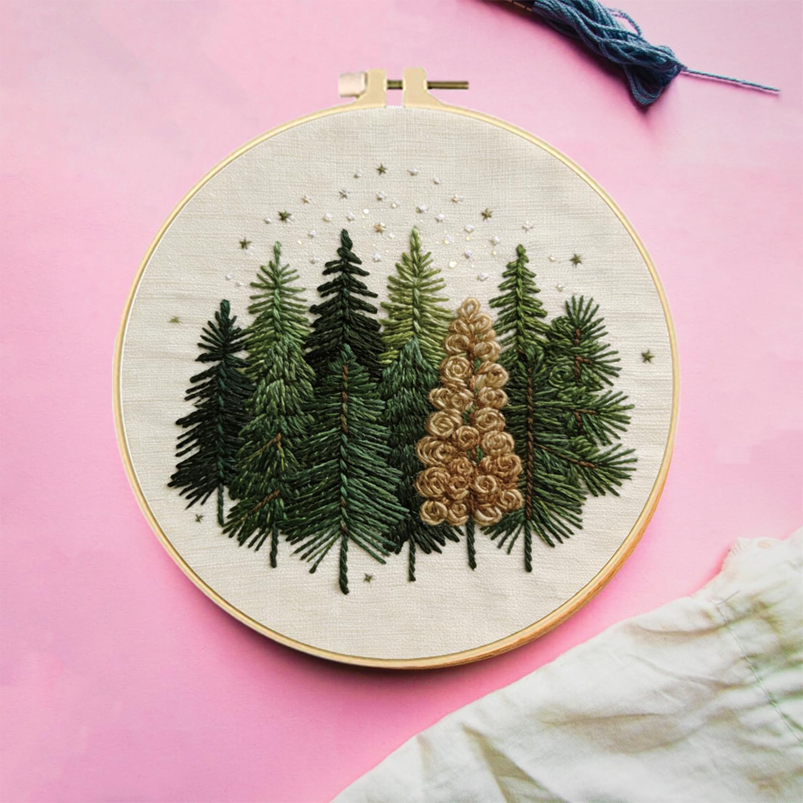 FREEBLOSS 4 Stickset Für Anfänger Nadelspitzenstickerei Starterset Mit Vorgedrucktem Waldlandschaftsmuster Anleitung Farbige Fäden 2 Creolen 7.9"/20cm