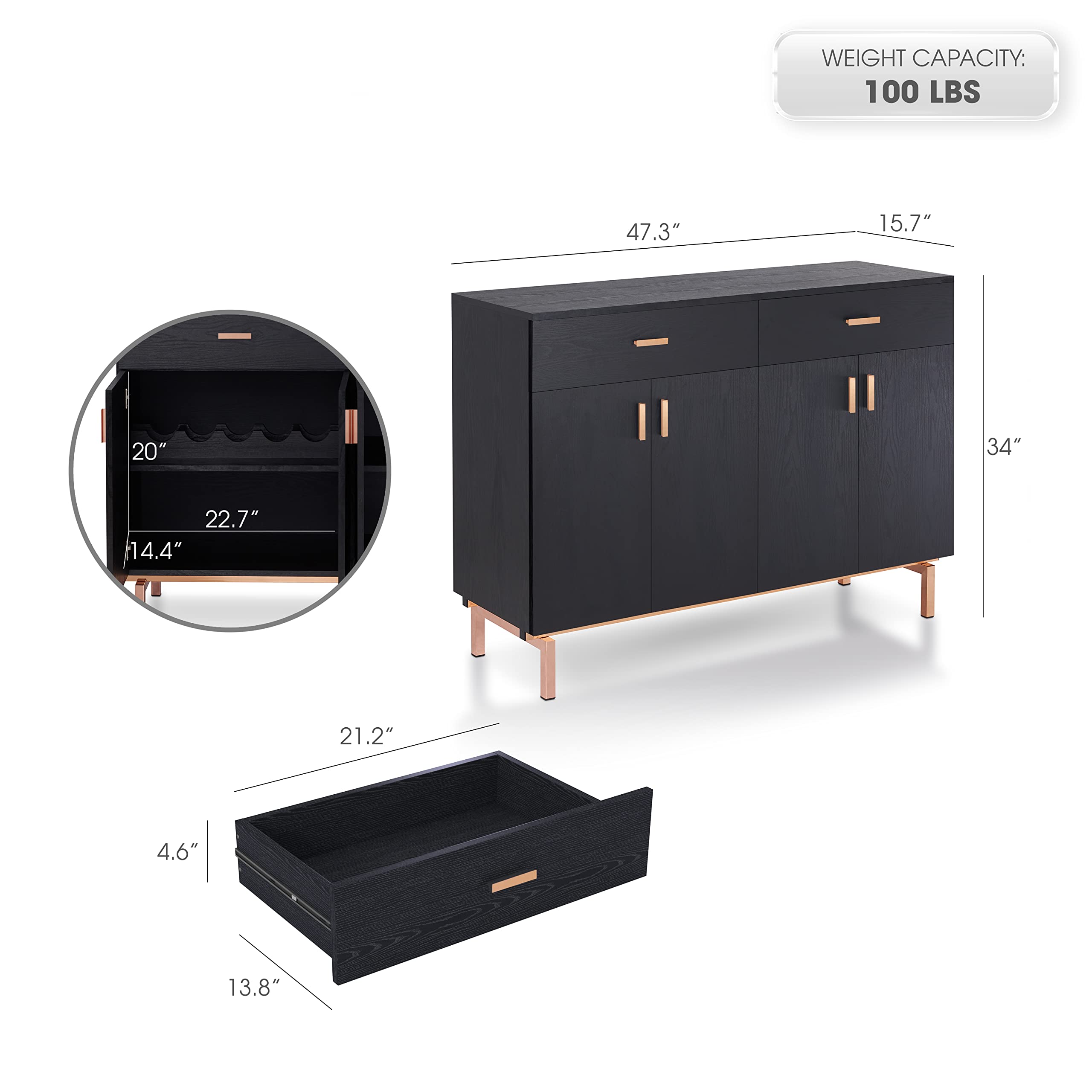 Buffet Moderno 120 Cm Nero E Oro Rosa Con Porta Vino - Furniture Of America Brysin
