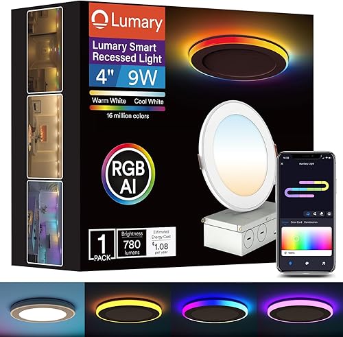 Lumary RGBAI - Iluminación empotrable inteligente de 4 pulgadas con luz de acento degradado y luz nocturna de 9 W 780 lm, luces empotrables Wi-Fi