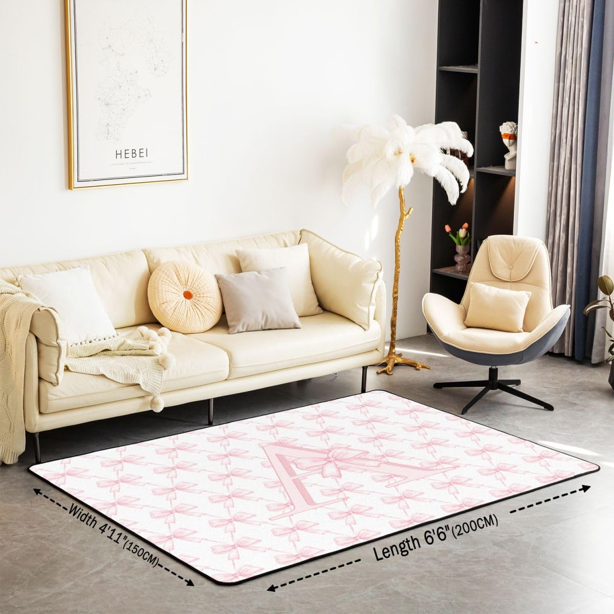 Tapis Salon 100x150cm Rose Noeud Papillon Tapis D Intérieur Letter 'a' Imprimer Antidérapant Doux Lavable Kawaii Princesse Style pour Salon Chambre Salle À Manger Cuisine Rose A