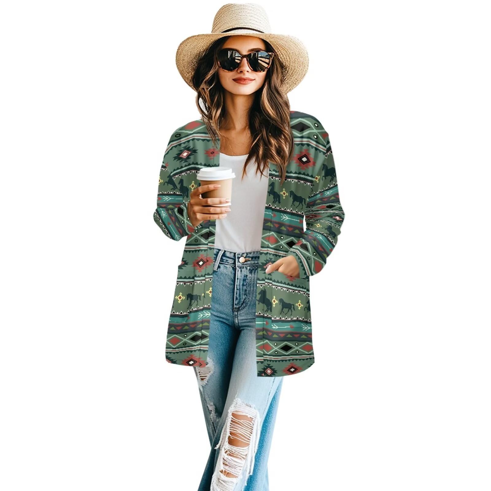 Women's Aztec Open-Front Jacket Lightweight Casual Outerwear Native Western Aztec Pattern &amp; Plaid Houndstooth Print