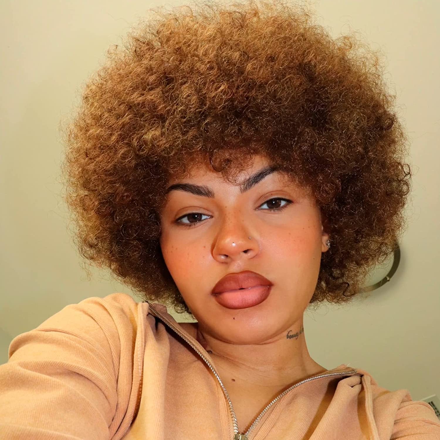 Short Afro Human Hair Wigs for Black Women Honey Blonde Afro Cruly Wig Soft and Bouncy Glueless Wig 130% Density (Color: 27)