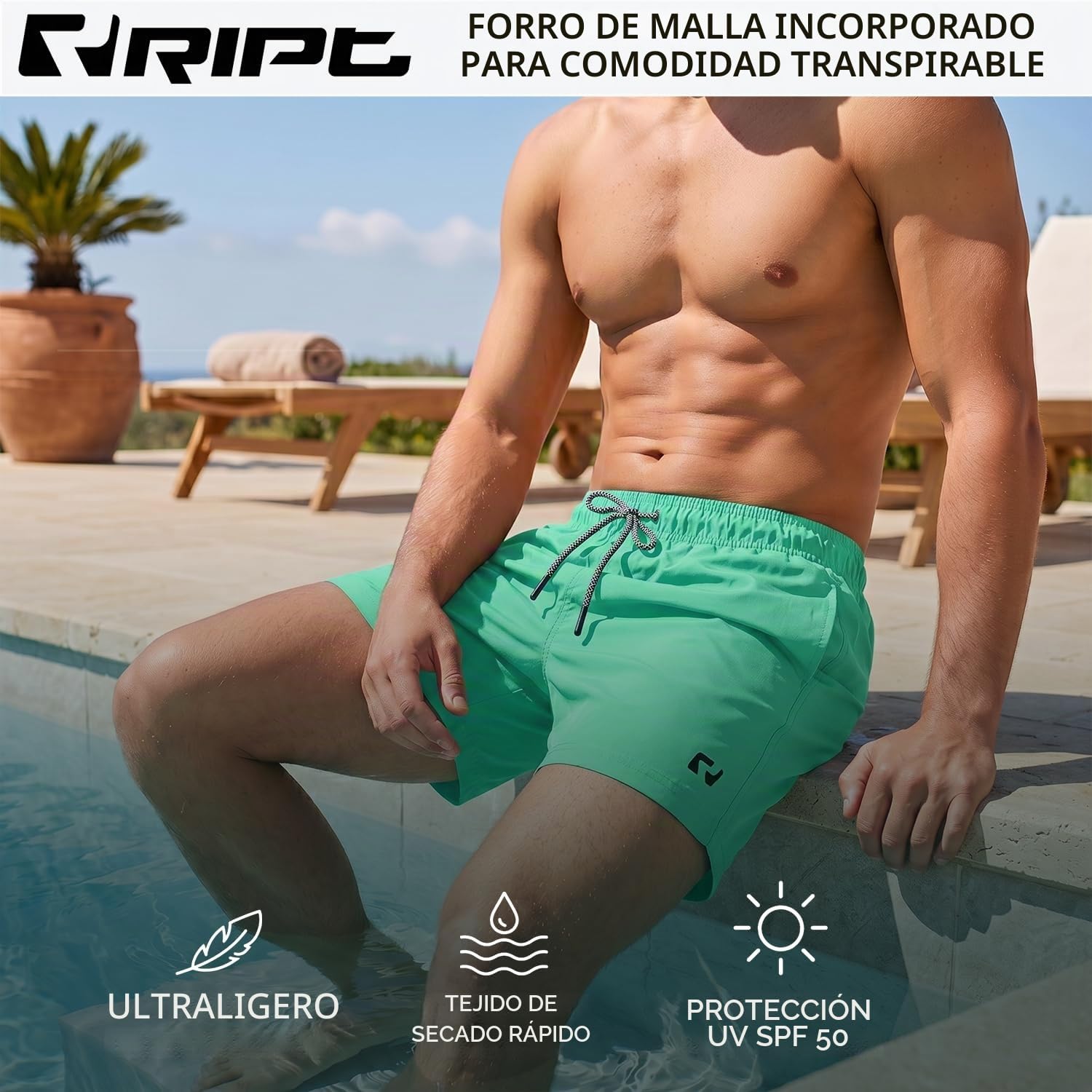 RIPT Bañador Hombre Secado Rápido – Pantalón Corto con Forro Malla, Protección UV50, Boardshort Playa Natación Surf Vacaciones Verano
