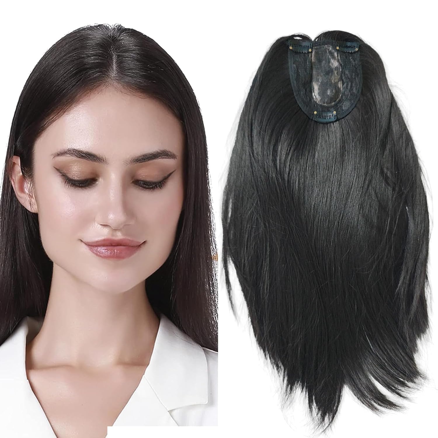 DELUXE HAIR Women's Hair topper In 3 Snap Clip for Women | Synthetic Hair Topper for Women/Girls,Natural Black Color, Size -22 Inches Long With 3 Adjustable Pack of 1-image-24