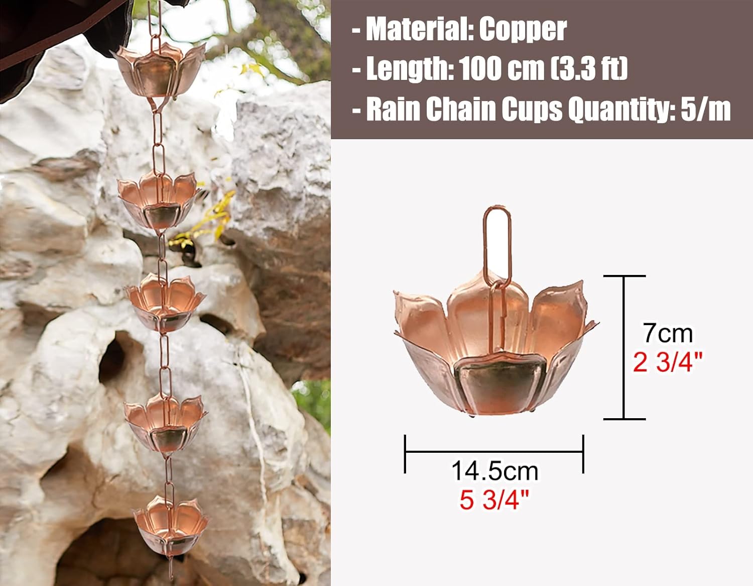 Rain Catcher Chain, Rain Chain,Downspouts Chains Weight, Copper Decoration Outside for Gutters, Decor for Farmhouse Home Patio Porch Garden, 100cm