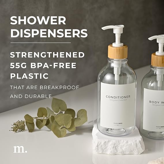 MaisoNovo Refillable Shampoo and Conditioner Bottles| Clear Bamboo Set of 3