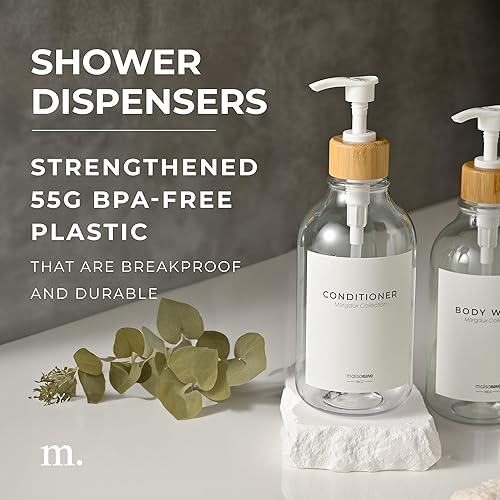 Miniatura 2 de MaisoNovo Botellas recargables de champú y acondicionador  Juego de 3 botellas de plástico transparente bombas de bambú blanco