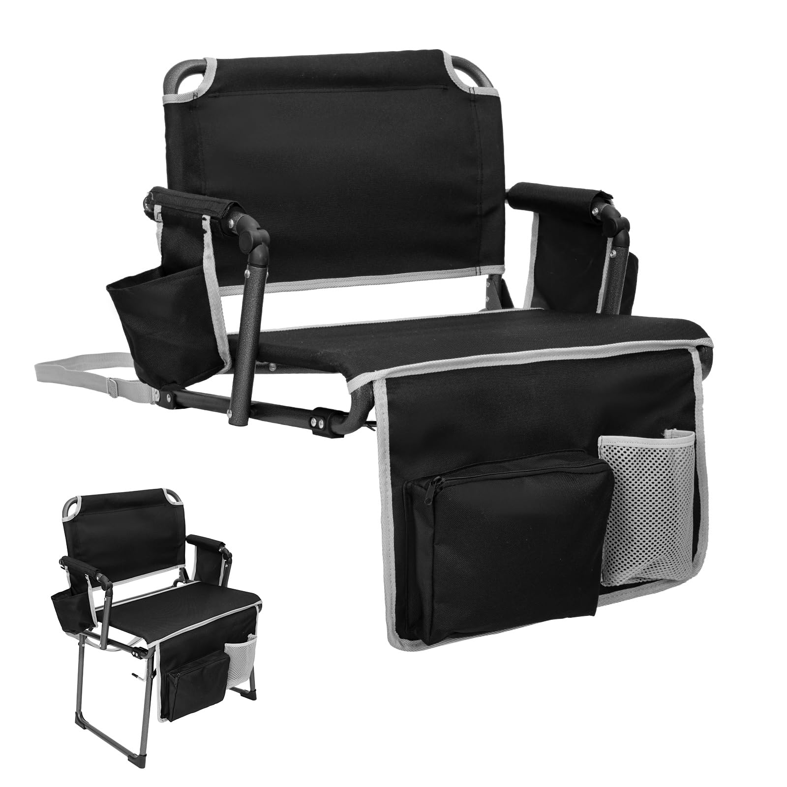 FUNDANGO 2 in 1 Stadium Seats for Bleachers Chair with Back, Armrest for Sports Events Bleachers Seat with Backrest Cup Holders Pockets, Folding Camping Chairs for Adults Outdoor Camp Chair
