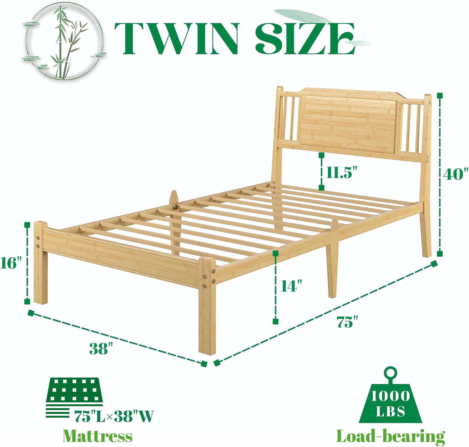 Askeld Bamboo Twin Bed Frame with Headboard, 14 inch Wood Platform Bed Frames Twin Size No Box Spring Needed, Rustic Farmhouse Heavy Duty Bedframe Noise Free, Easy Assembly