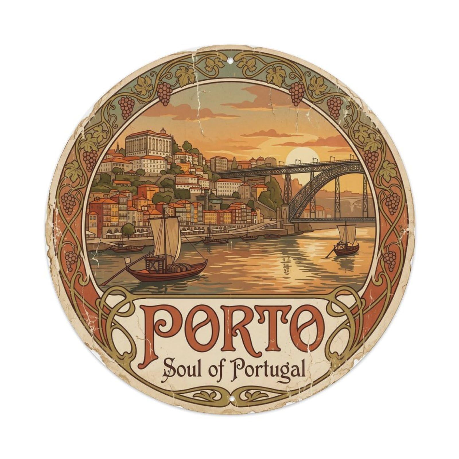 Vintage Travel Ribeira Porto Portugal Metal Tin Sign Plaque Wall Decor for Cafe, Club Bar, Office, Home Garden Round Metal Poster 8x8Inch