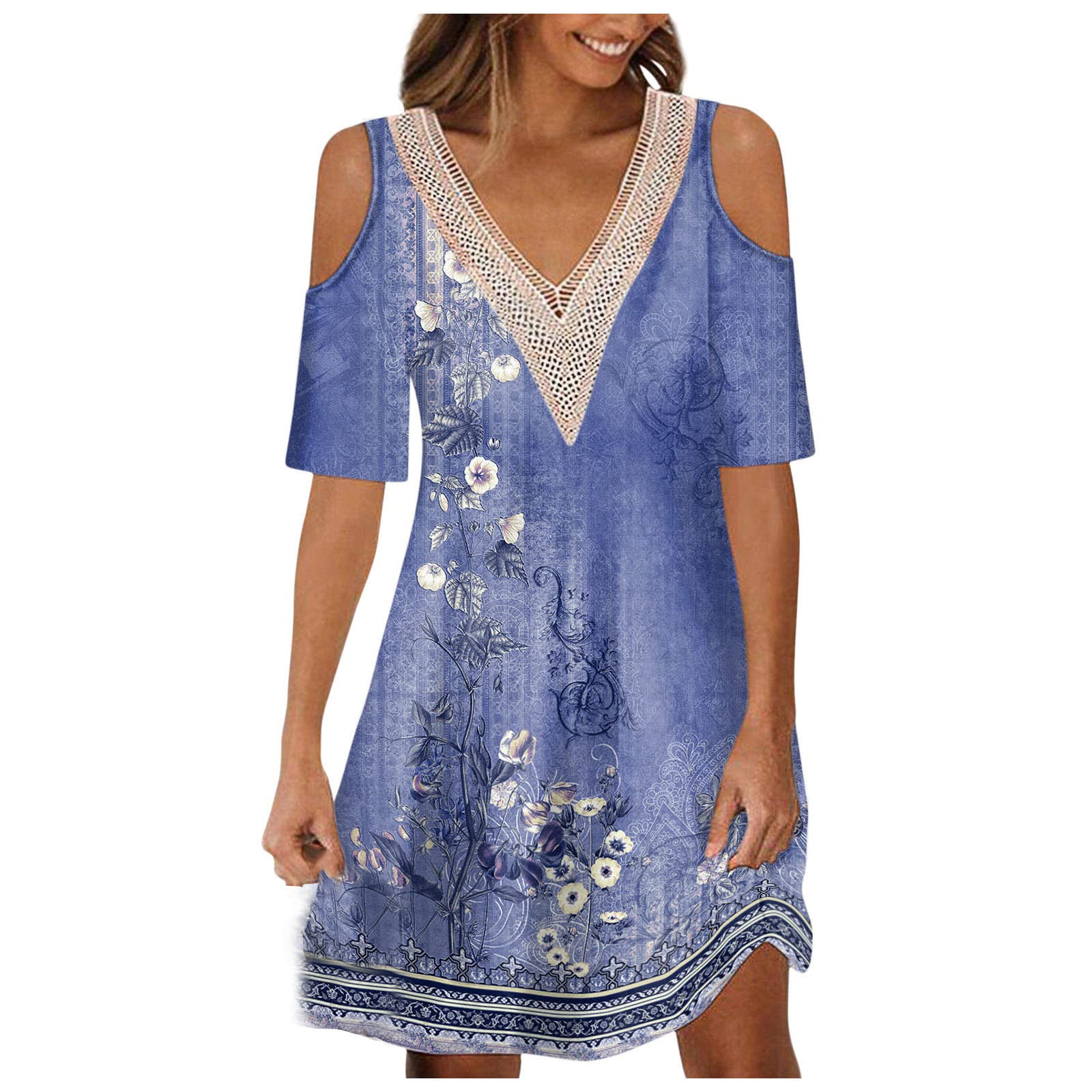 NUSGEAR 2023 Vestidos Corto Mujer Moda Verano Casual Vestido Impresión Fiesta Basic Vestidos un Hombro Manga Corta Cuello en V Cómodo Vestidos Elegante Vestido Playa Viaje