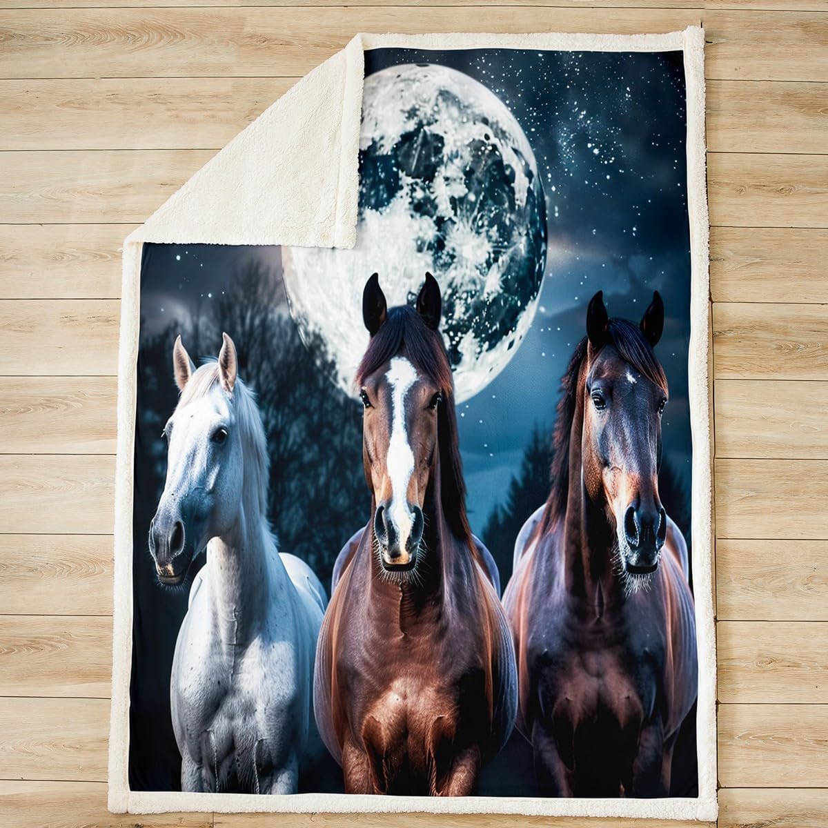 Galloping Horse Sherpa Blanket Horse Plush Blanket Stars Moon Trees Fleece Throw Blanket for Sofa Couch Bed 3D Wild Animal Wildlife Style Decor Fuzzy Blanket Ultra Soft Room Decor Twin 60x80 Inch