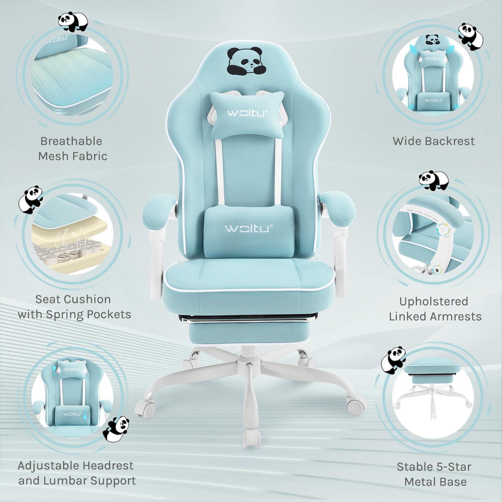 WOLTU Chaise Gaming, Fauteuil Gaming, avec Coussin à Ressorts Ensachés, Chaise Ergonomique, Charge 150kg, Appui-tête, Support Lombaire, Repose-Pieds, Tissu Maille, Bleu Clair