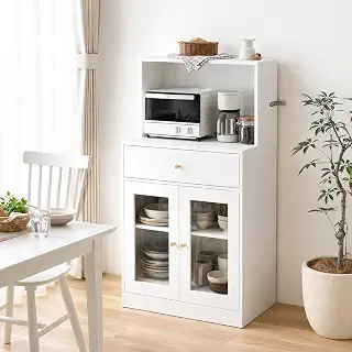 YOI LIFE 食器棚 幅60cm キッチンボード レンジ台 ガラス扉 可動棚 引き出し オープン収納 ホワイト | 幅60×奥行40×高さ120cm。天板・オープン・引き出し・ガラス扉の4か所収納。3段階可動棚付きで、食器から調理家電までまとめて整理。