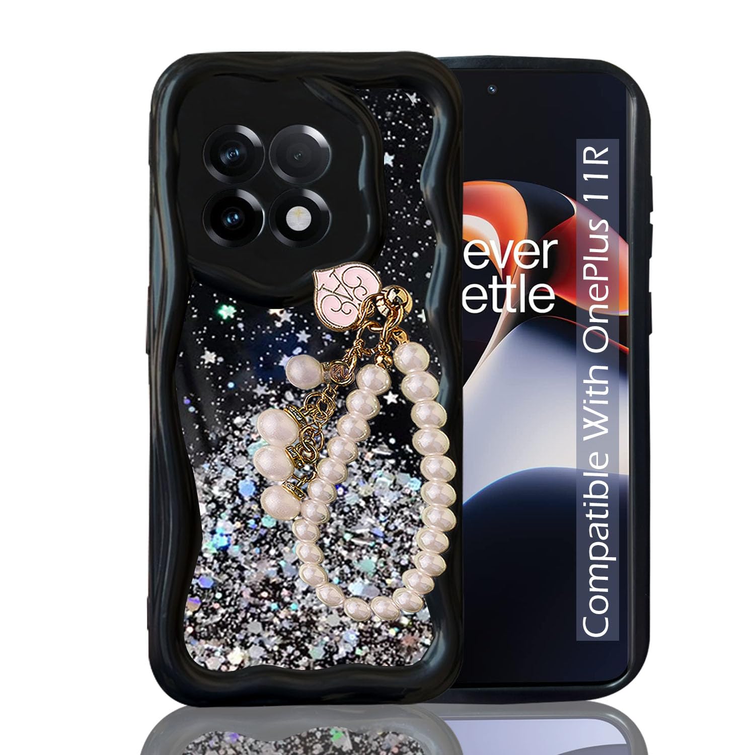 KC Back Cover for OnePlus 11R 5G - 3D New Curly Wave Dry Fixed Starry Glitter Pearl Wrist Hanging Chain Shockproof Soft Silicone Camera Protection Case (Black)