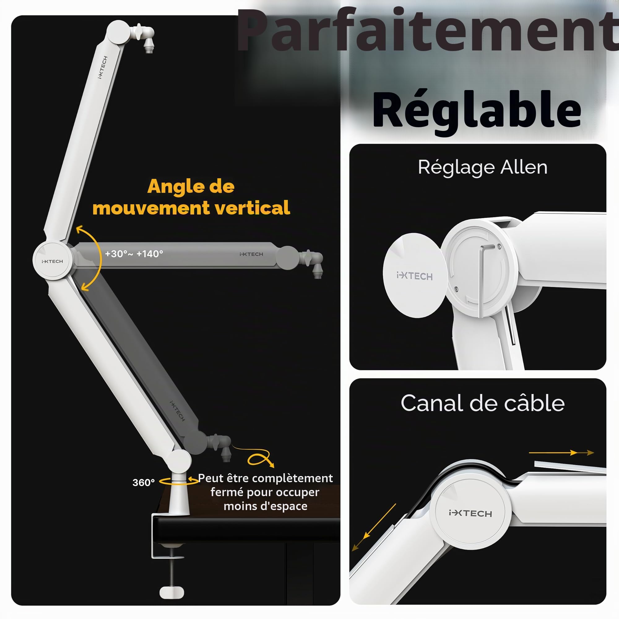 IXTECH Bras de microphone blanc premium, bras de perche rotatif à 360° avec support de bureau, entièrement réglable, robuste et universel, modèle VALIANT WHITE