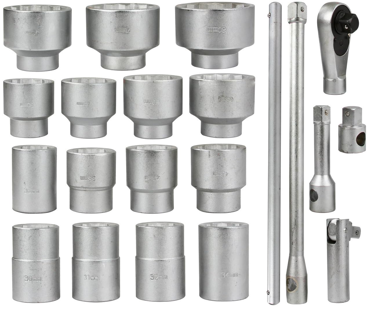 IMJ-Global Zestaw nasadek 1" | 21 sztuk | nasadki 30-80 mm, grzechotka 1", 5 przedłużek, stal CrV, z walizką