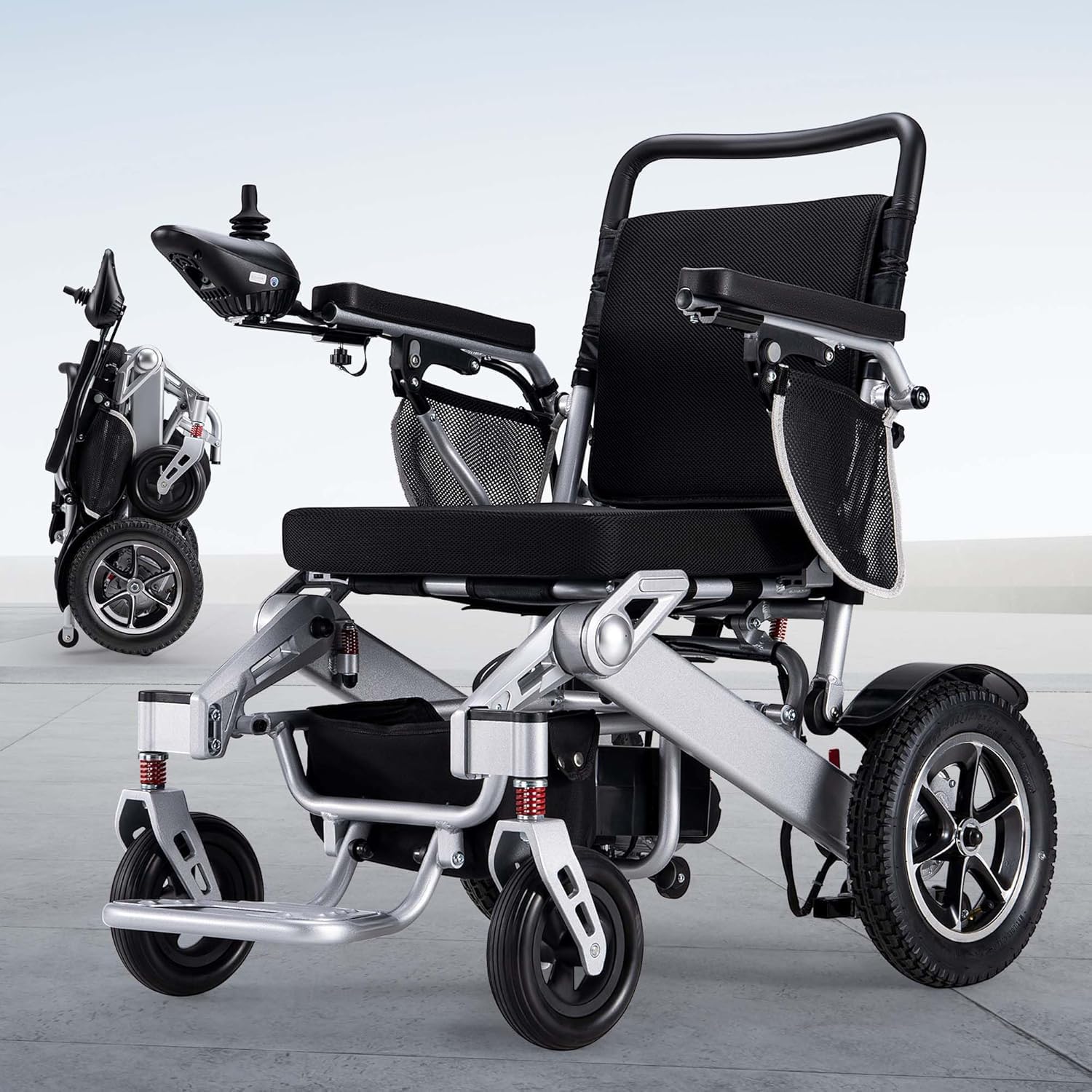 Silla de ruedas eléctrica ligera todo terreno, plegable, portátil, motorizada para adultos, aprobada por aerolíneas con control de joystick, fácil transporte y almacenamiento