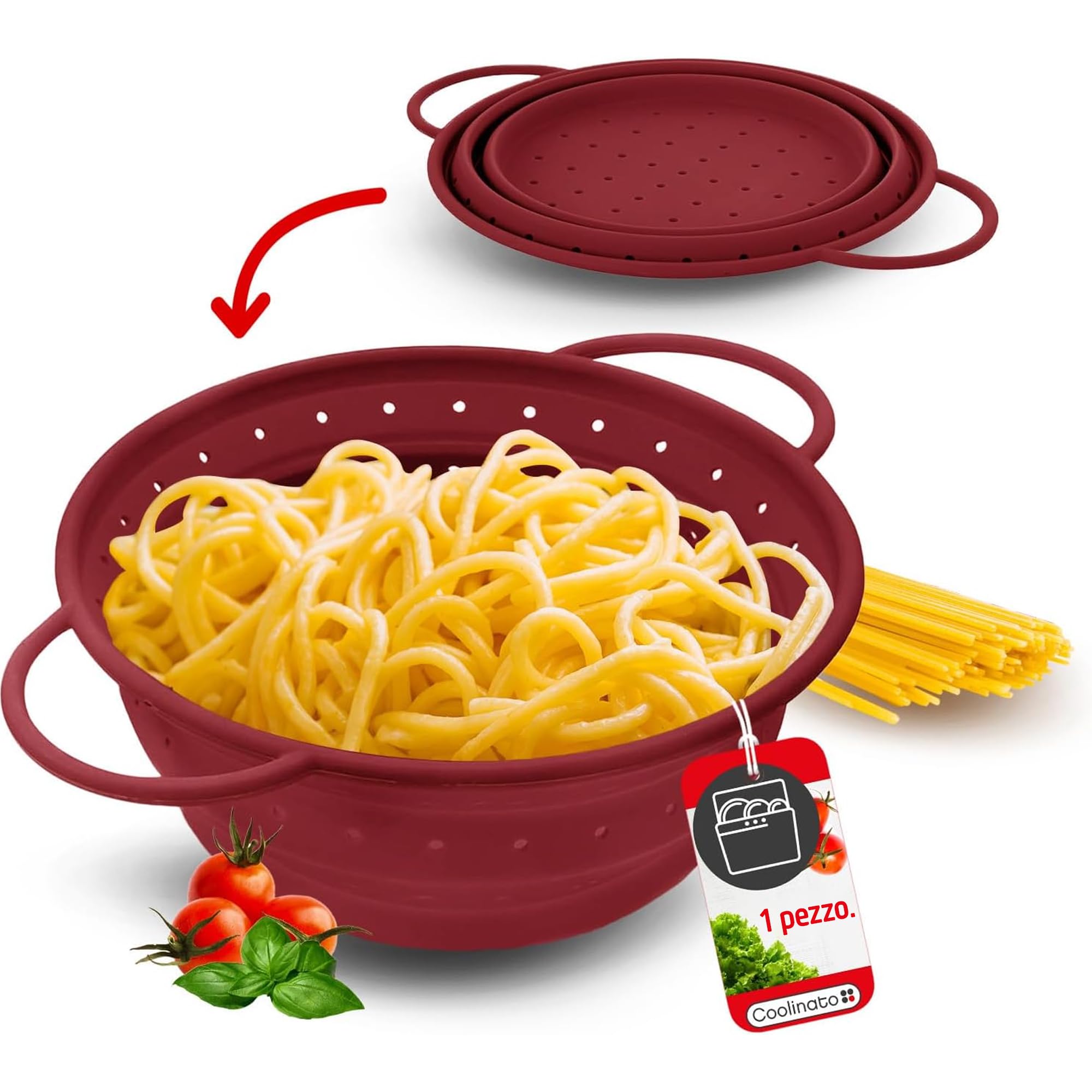 DENUOTOP Colino pieghevole da cucina, in silicone, con manici, diametro 22 cm, colino pieghevole per scolare insalate, pasta, verdure e frutta, colino salvaspazio pieghevole per cucina e campeggio
