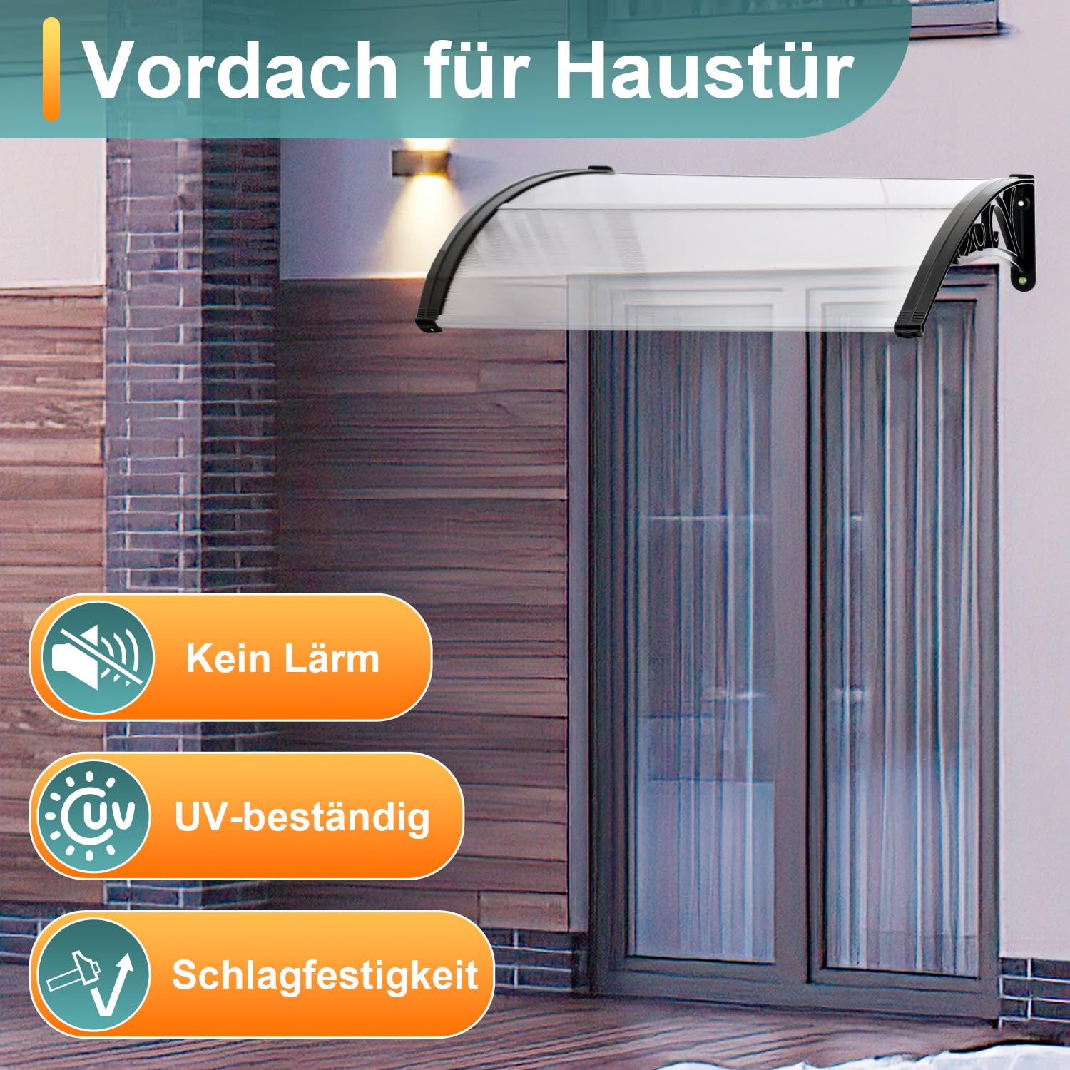 Vordach Haustür 120 x 100 cm, Polycarbonat Haustürvordach mit ABS-Halterung, Transparentes Pultvordach Türüberdachung für Eingang, Wetterfest und UV-beständig