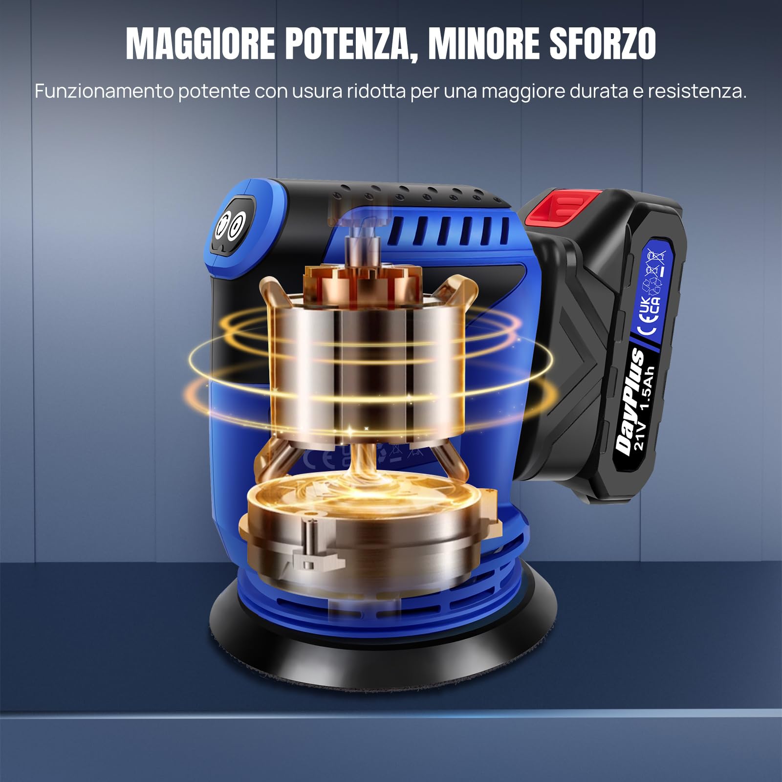 Levigatrice Rotorbitale a Batteria 21V, 125mm - 3 Velocità,11000 OPM,con Sacchetto Raccolta Polvere,1 batteria,1 caricatore,12 Carte Abrasive - Ideale per Legno, Laccature, Metallo e Ceratura