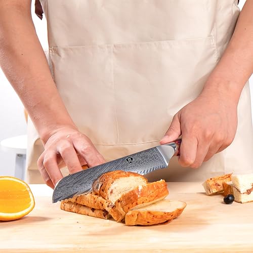 Miniatura 7 de WILDMOK Cuchillo de pan dentado, acero de Damasco de 8 pulgadas, núcleo japonés VG10, mejor cuchillo de pan y pastel, caja de regalo con mango de