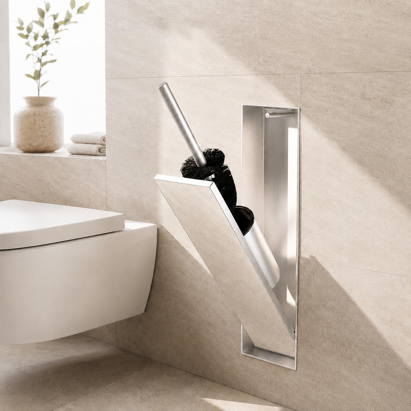 Recessed Toilet Roll Holder with Toilet Brush, in-Wall Bathroom Niche with Hidden Bin, Tileable Front Panel, 304 Stainless Steel Bathroom Storage Cabinet