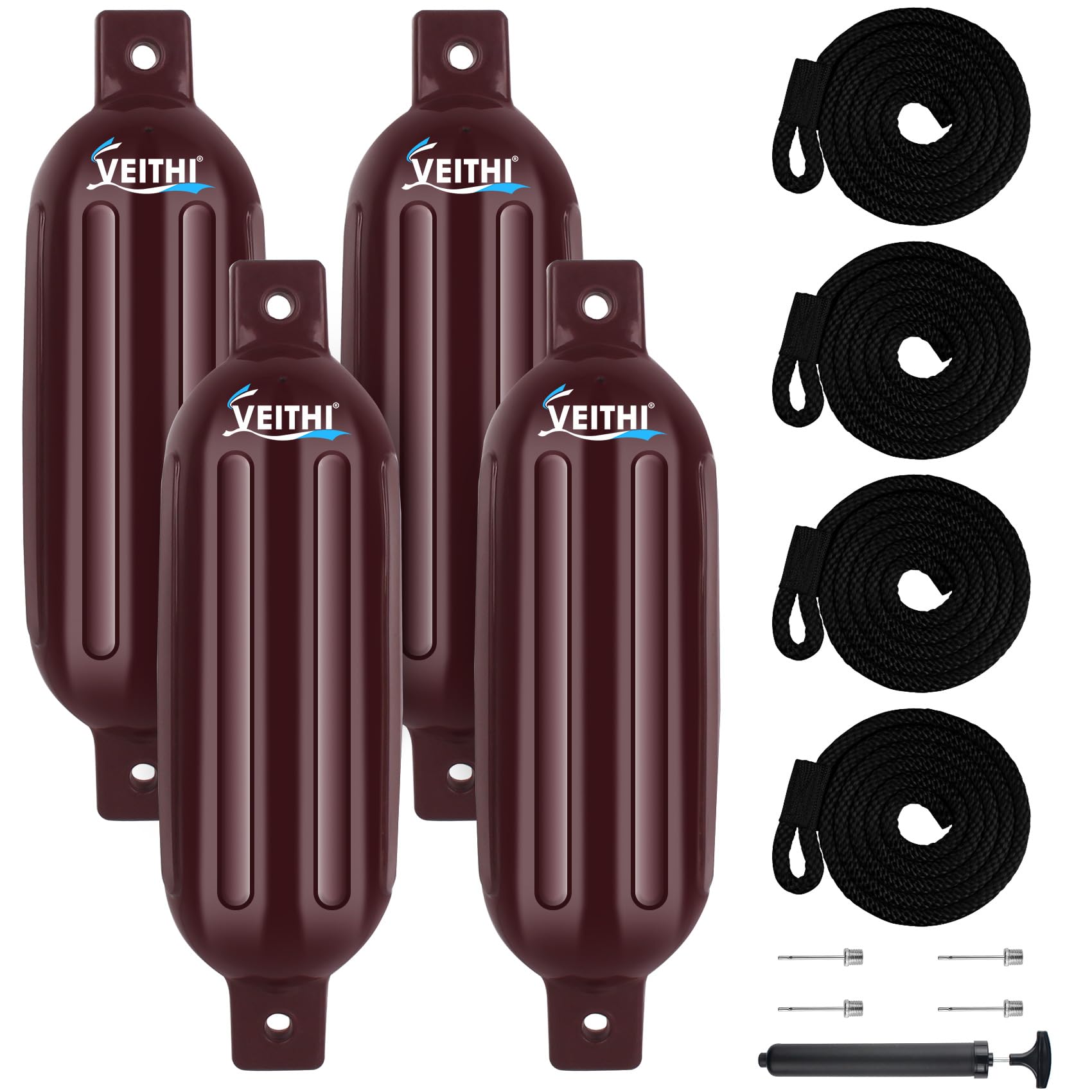 VEITHI Boat Fenders 4 Pack, Ribbed Twin Eyes Vinyl Boat Fender Bumpers, Boat Bumpers for Docking Come with Ropes Needles and Pump to Inflate, Bumpers of Boats 6.5 x 23 inch Wine