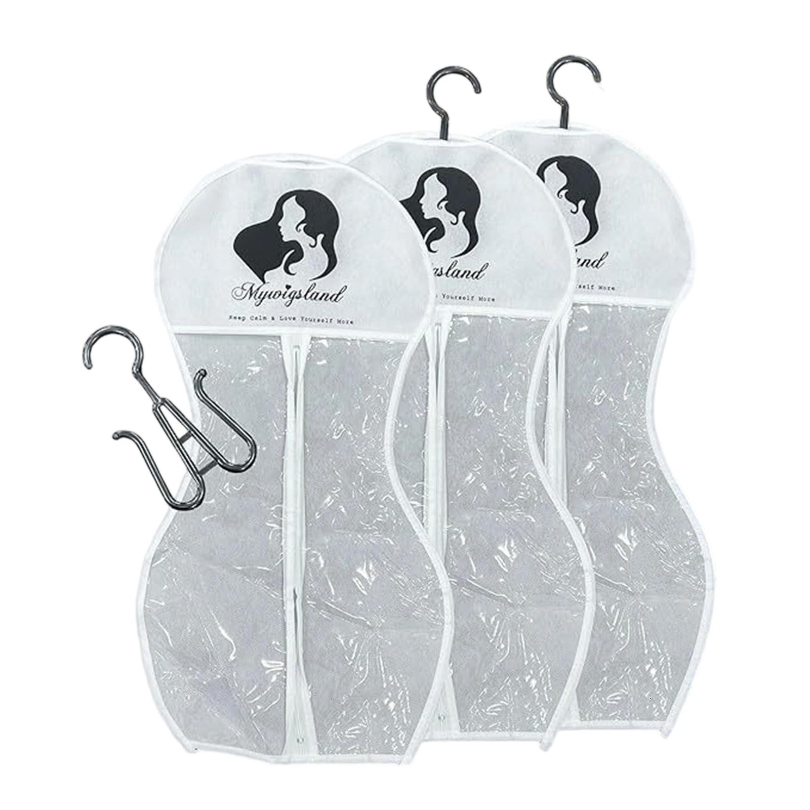 YWLUUOO 3pcs Space Saving Wigs Storage Bag with Hooks Wigs Holder Hanging Organizers for Closet Salon Organization Clear Hanging Bag