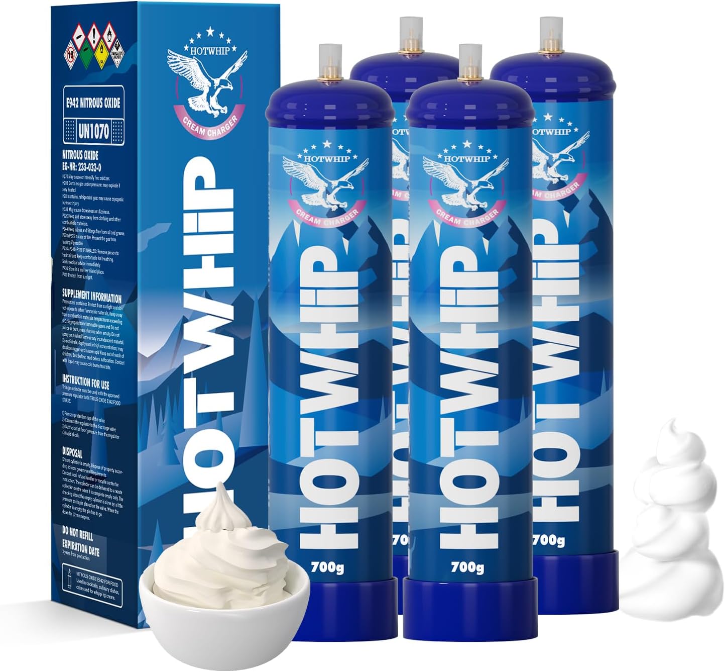 Whipped Cream Chargers 18x700g 1.1L Non-Flavoured Food Grade 99.99% Purity premium Cream Charger With Nozzle For Any Size Cream Dispenser (18 Cylinders)