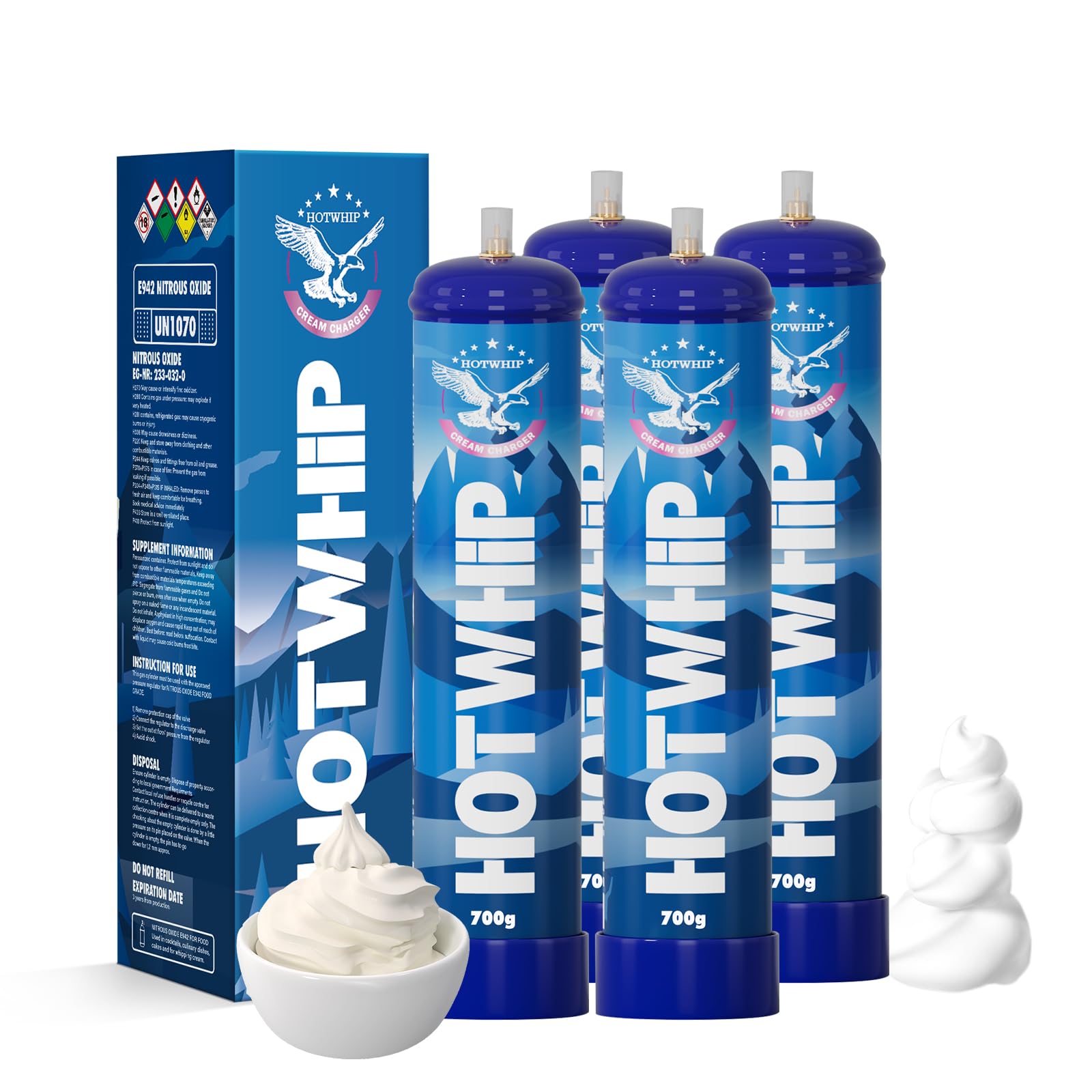 Whipped Cream Chargers 18x700g 1.1L Non-Flavoured Food Grade 99.99% Purity premium Cream Charger With Nozzle For Any Size Cream Dispenser (18 Cylinders)