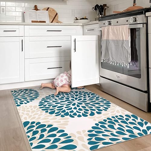 Miniatura 7 de Alfombra de dalia lavable de 3 x 5 pies, moderna alfombra de entrada con flores florales, suave, antideslizante, de pelo bajo, alfombra de interior