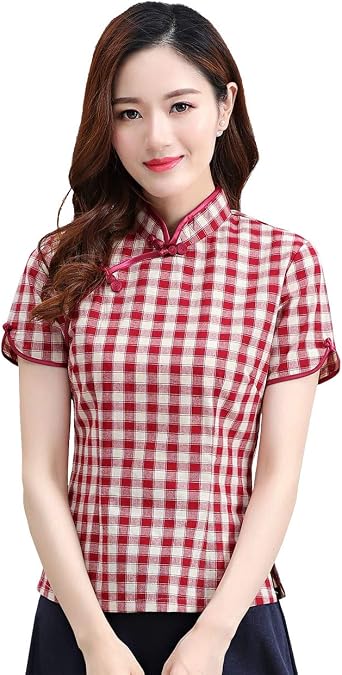 Shanghai Story Short Sleeve Cotton Linen Lattice Cheongsam TopPlaid Blouse + Skirt