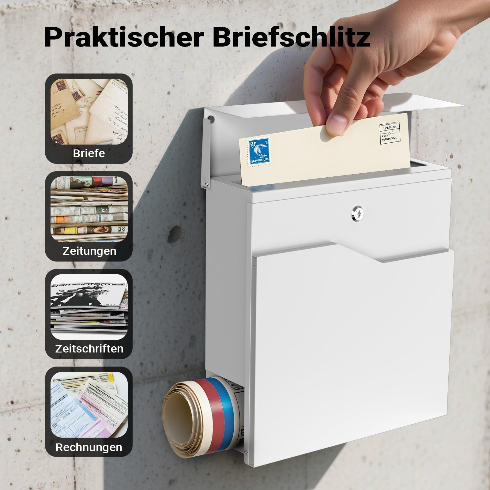 Wiltec Designer Briefkasten V19 weiß 370 x 102 x 370 mm, Wandbriefkasten mit Schloss und Zeitungsrolle, Postkasten aus pulverbeschichtetem Stahl