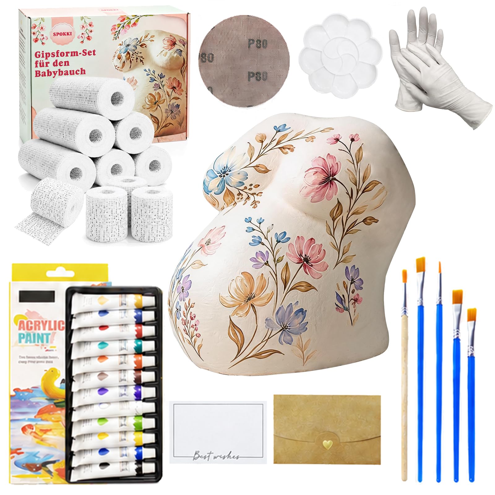 SPOKKI Plaster Cast Baby Belly Set Pregnancy Plaster Cast Set Baby Belly with 10 Plaster Bandages for Crafts 12 Acrylic Paints Much More Gift for Pregnant Women Memories Pregnancy