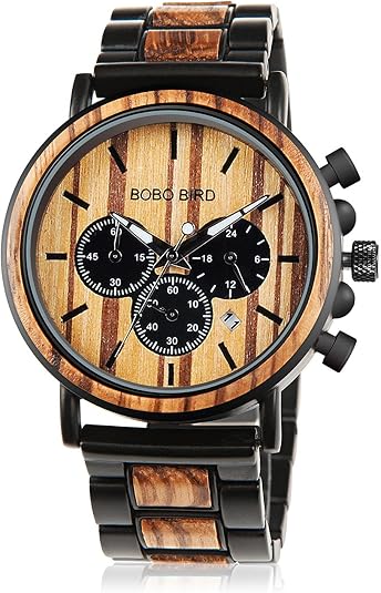 BOBO BIRD Wooden Mens Watches Large Size Stylish Wood & Stainless Steel Combined Chronograph Military Quartz Watch (Balck Wood Band): Buy Online at Best Price in UAE