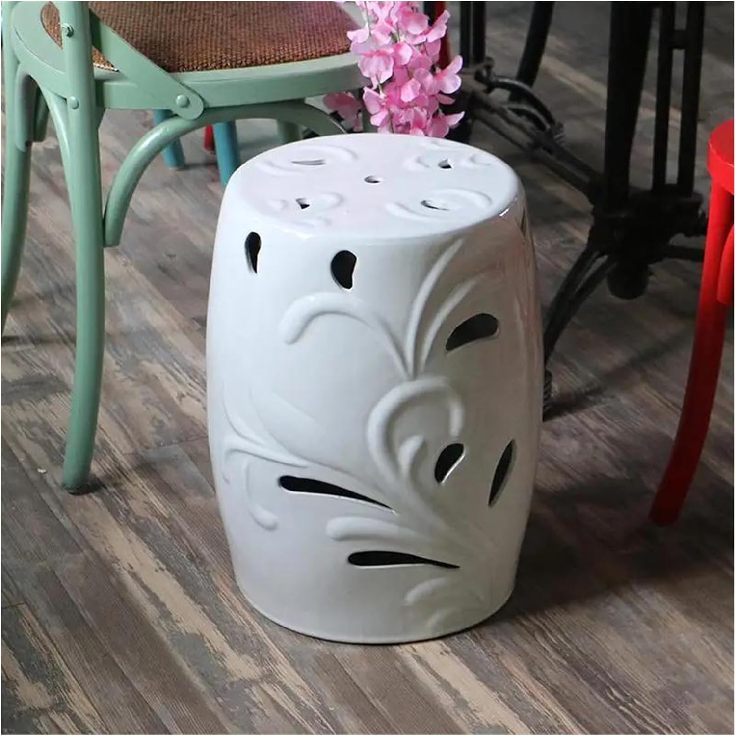 Decorative Garden Stools, White Hand-carved Relief Porcelain Ceramic Stool