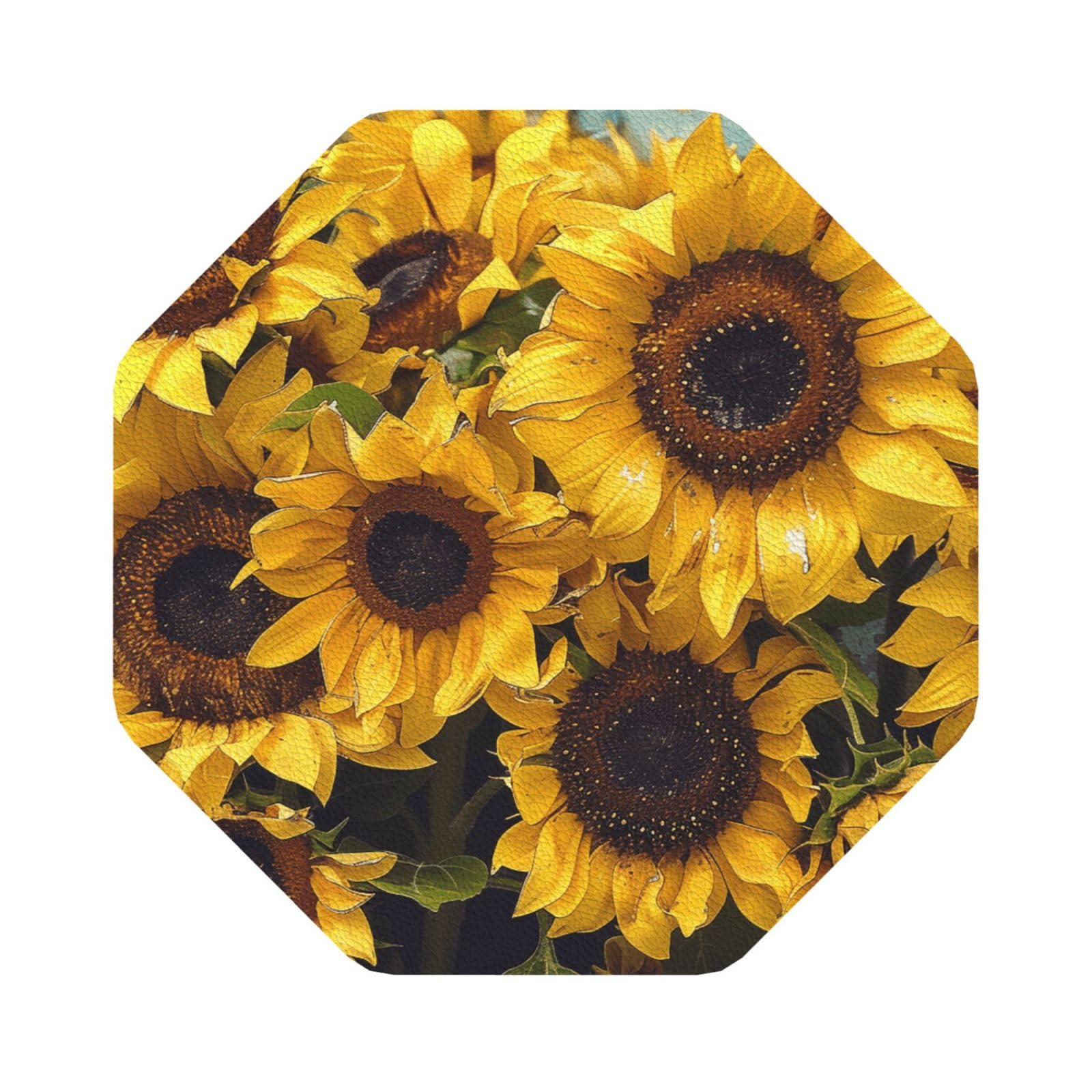 Sunflower Print Leather Coaster Set of 6, Octagon Coasters Table Decorative Coffee Cup Beverage Coasters Wine Beer Bar Coasters for Hot Drinks Table Protection