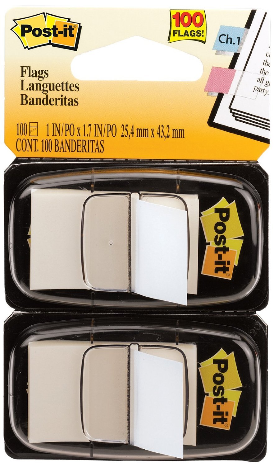 Post-it : Standard Tape Flags in Dispenser, White, 100 Flags per Dispenser -:- Sold as 2 Packs of - 100 - / - Total of 200 Each